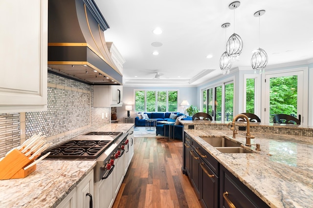 5633 Travis Pointe Ct, Westerville, OH 43082 - kitchen with a sink, premium range hood, decorative backsplash, dark wood finished floors, and crown molding