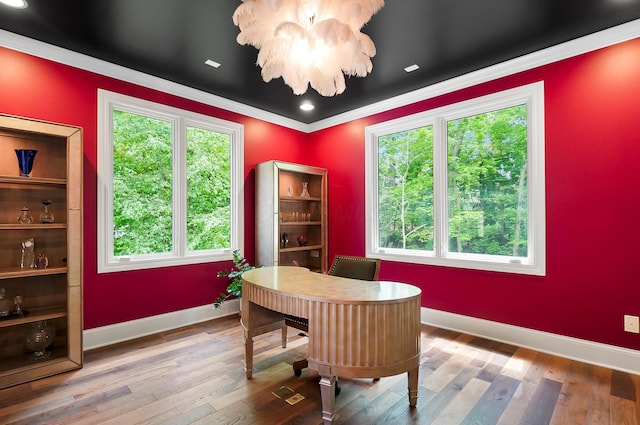 5633 Travis Pointe Ct, Westerville, OH 43082 - office area featuring baseboards, hardwood / wood-style flooring, ornamental molding, and a chandelier