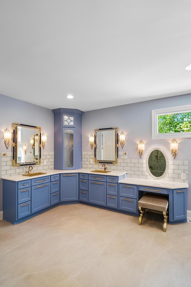 5633 Travis Pointe Ct, Westerville, OH 43082 - full bathroom featuring decorative backsplash, vanity, and recessed lighting