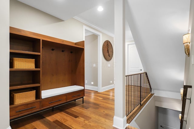 5633 Travis Pointe Ct, Westerville, OH 43082 - mudroom featuring wood finished floors, crown molding, baseboards, and recessed lighting