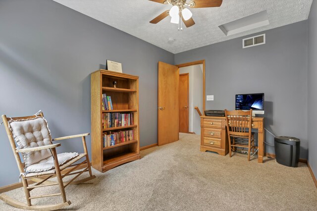 5035 Dietrich Ave, Orient, OH 43146 - home office featuring a textured ceiling, carpet flooring, attic access, baseboards, and a ceiling fan