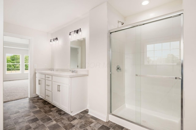 7014 Aster Way, Plain City, OH 43064 - bathroom with double vanity, a stall shower, baseboards, and recessed lighting