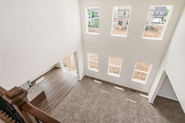 7014 Aster Way, Plain City, OH 43064 - unfurnished living room with plenty of natural light, a towering ceiling, baseboards, and carpet