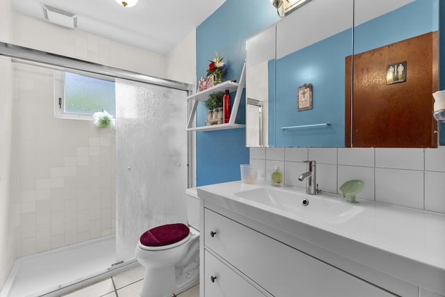 5280 Elmhurst Ave, Columbus, OH 43231 - full bath featuring a shower stall, toilet, vanity, decorative backsplash, and tile patterned flooring