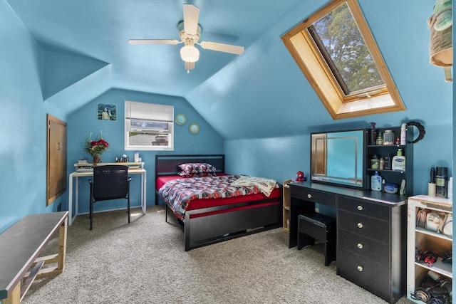 5280 Elmhurst Ave, Columbus, OH 43231 - carpeted bedroom featuring a skylight, vaulted ceiling, and a ceiling fan