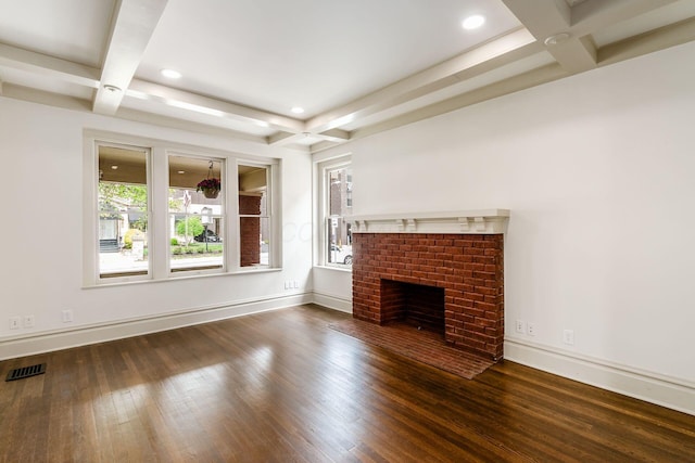 37 W 2nd Ave, Columbus, OH 43201 - unfurnished living room with coffered ceiling, wood finished floors, beamed ceiling, baseboards, and a fireplace