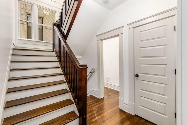 37 W 2nd Ave, Columbus, OH 43201 - stairway with wood finished floors, baseboards, and vaulted ceiling