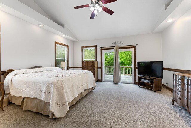5103 Johnstown Alexandria Rd, Johnstown, OH 43031 - carpeted bedroom featuring vaulted ceiling, access to outside, recessed lighting, a ceiling fan, and baseboards