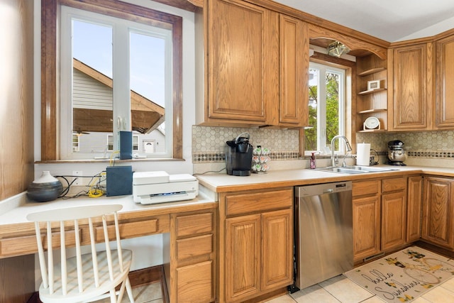 5103 Johnstown Alexandria Rd, Johnstown, OH 43031 - kitchen featuring dishwasher, a sink, light countertops, tasteful backsplash, and brown cabinets