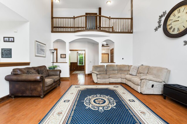 5103 Johnstown Alexandria Rd, Johnstown, OH 43031 - living room with wood finished floors, arched walkways, baseboards, and a towering ceiling