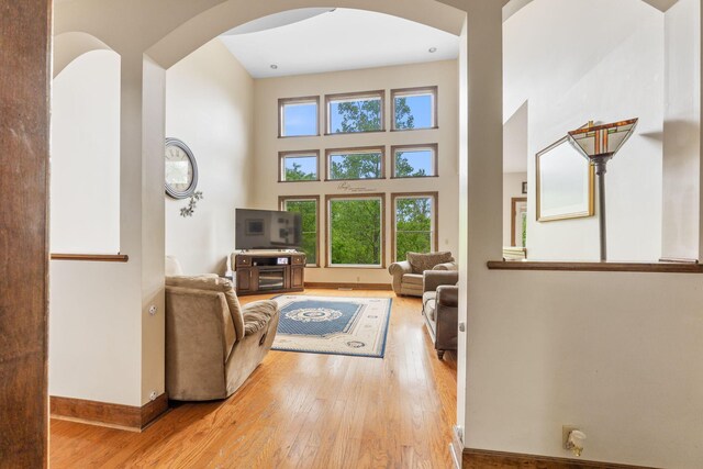 5103 Johnstown Alexandria Rd, Johnstown, OH 43031 - living room with arched walkways, baseboards, wood finished floors, and a towering ceiling
