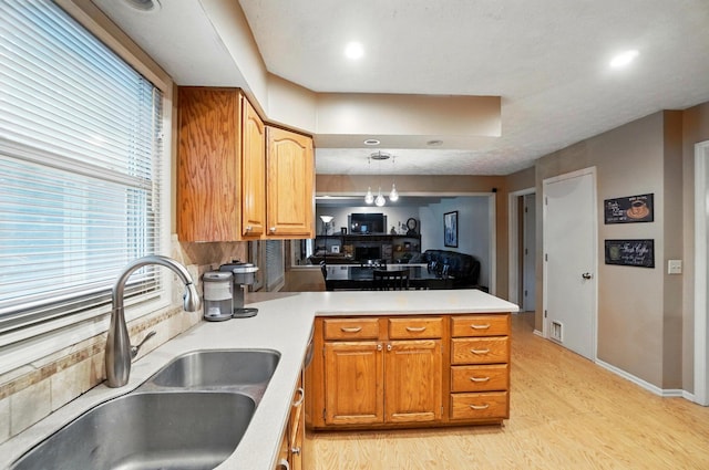 2517 Slateshire Dr, Dublin, OH 43016 - kitchen with a sink, a peninsula, light wood-style floors, light countertops, and healthy amount of natural light