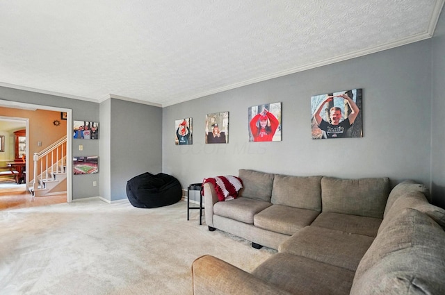2517 Slateshire Dr, Dublin, OH 43016 - carpeted living room with crown molding, a textured ceiling, baseboards, and stairs