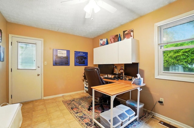 2517 Slateshire Dr, Dublin, OH 43016 - office area with a textured ceiling, a ceiling fan, and baseboards