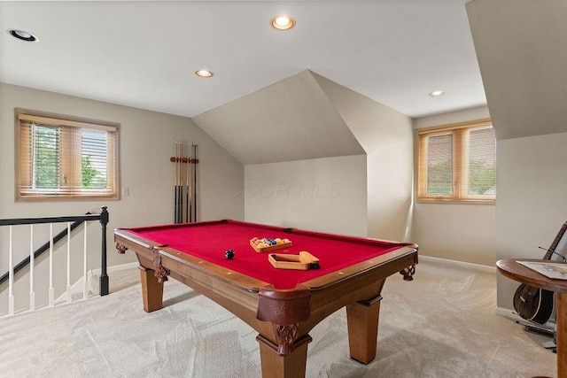 4606 Gershwin Ct, Grove City, OH 43123 - game room with baseboards, light colored carpet, recessed lighting, billiards table, and vaulted ceiling