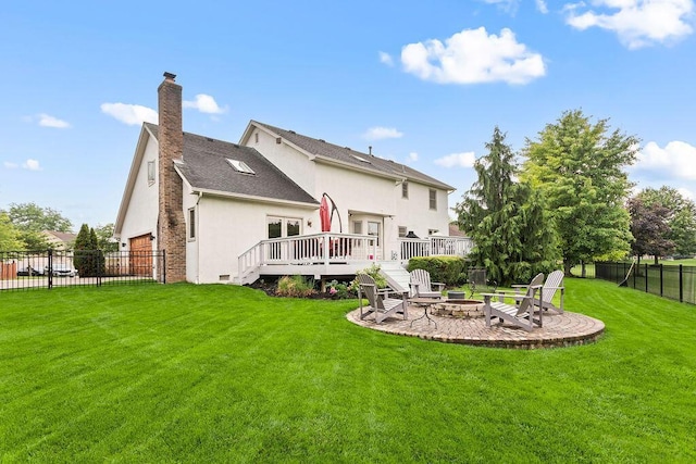 4606 Gershwin Ct, Grove City, OH 43123 - back of house with an outdoor fire pit, stucco siding, a chimney, a wooden deck, and a patio