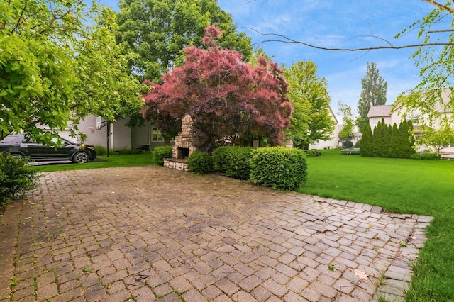 7985 Eric Ct, Lewis Center, OH 43035 - view of patio / terrace with an outdoor stone fireplace