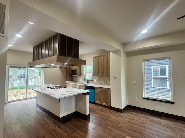 1624 Marlboro Ave, Obetz, OH 43207 - kitchen featuring dishwashing machine, dark wood-style floors, decorative backsplash, stovetop, and light stone countertops