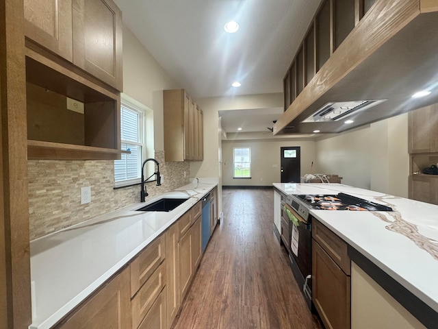1624 Marlboro Ave, Obetz, OH 43207 - kitchen featuring range with gas cooktop, backsplash, dark wood-type flooring, light countertops, and range hood