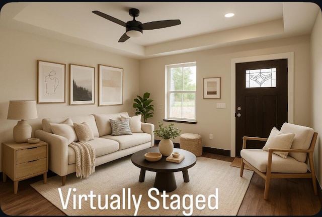 1624 Marlboro Ave, Obetz, OH 43207 - living area featuring a raised ceiling, wood finished floors, ceiling fan, and recessed lighting