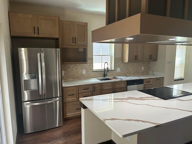 1624 Marlboro Ave, Obetz, OH 43207 - kitchen with stainless steel refrigerator with ice dispenser, range hood, dishwasher, light countertops, and backsplash