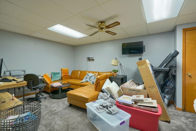 7581-7583 Pickett Ln Unit 83, Columbus, OH 43235 - carpeted living area featuring a drop ceiling and ceiling fan