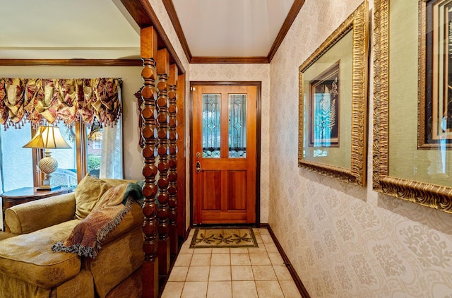 1027 Peggys Cv, Reynoldsburg, OH 43068 - foyer entrance featuring wallpapered walls, crown molding, light tile patterned floors, and baseboards