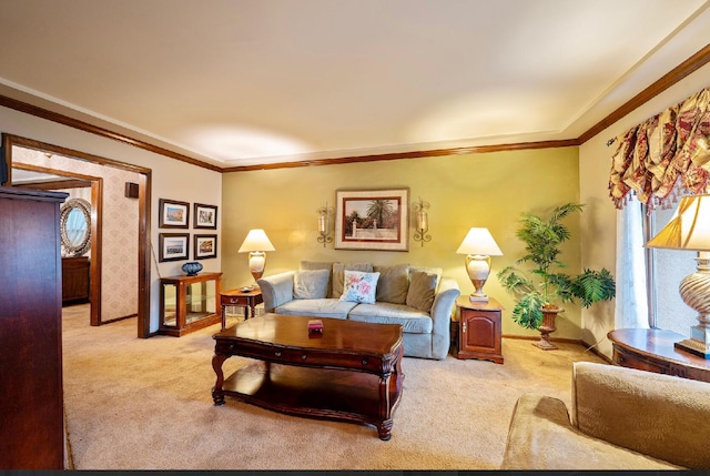 1027 Peggys Cv, Reynoldsburg, OH 43068 - living room featuring light carpet, crown molding, and baseboards