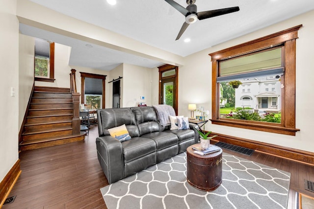 540 Linwood Ave, Columbus, OH 43205 - living area with baseboards, wood finished floors, stairway, a ceiling fan, and recessed lighting