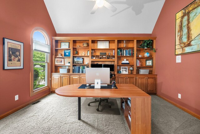 6034 Heritage View Ct, Hilliard, OH 43026 - office area with vaulted ceiling, carpet floors, ceiling fan, and baseboards