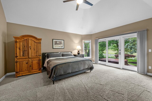 6034 Heritage View Ct, Hilliard, OH 43026 - carpeted bedroom with access to exterior, baseboards, high vaulted ceiling, and ceiling fan