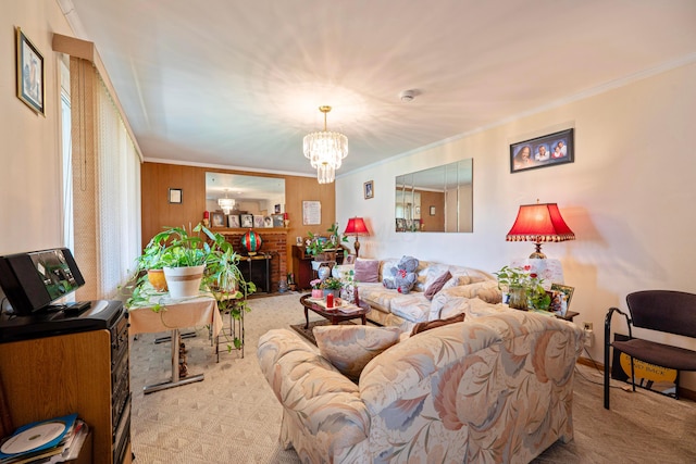 958 Janet Dr, Columbus, OH 43224 - carpeted living area with ornamental molding, a chandelier, and a brick fireplace