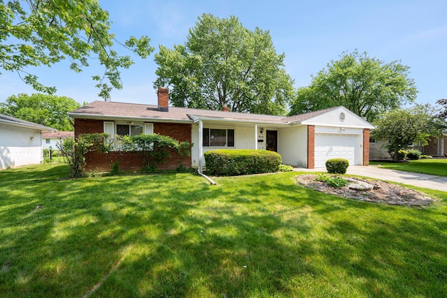 958 Janet Dr, Columbus, OH 43224 - ranch-style house featuring a chimney, a garage, concrete driveway, and a front yard