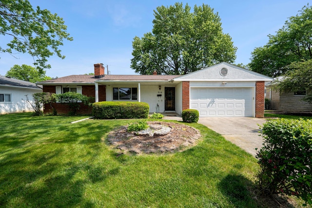 958 Janet Dr, Columbus, OH 43224 - ranch-style home with an attached garage, driveway, a chimney, brick siding, and a front lawn