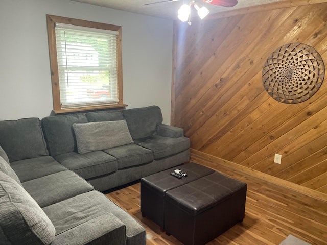 314 Broken Arrow Rd, Columbus, OH 43230 - living area featuring wood walls, a ceiling fan, and wood finished floors