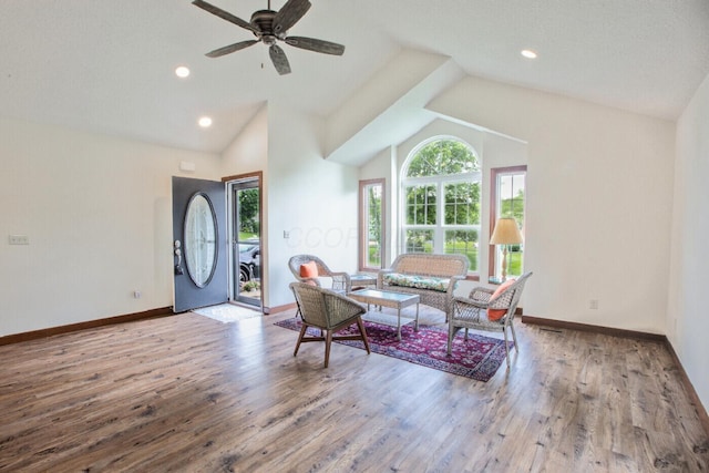 51 Appletree Ct, Howard, OH 43028 - living area featuring vaulted ceiling, baseboards, wood finished floors, ceiling fan, and recessed lighting
