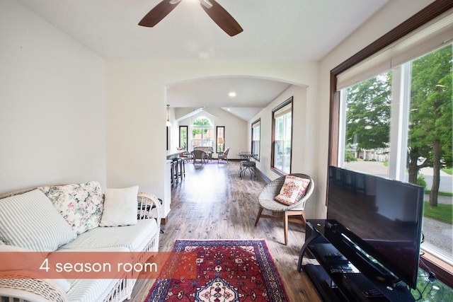 51 Appletree Ct, Howard, OH 43028 - living room featuring arched walkways, wood finished floors, a ceiling fan, and vaulted ceiling