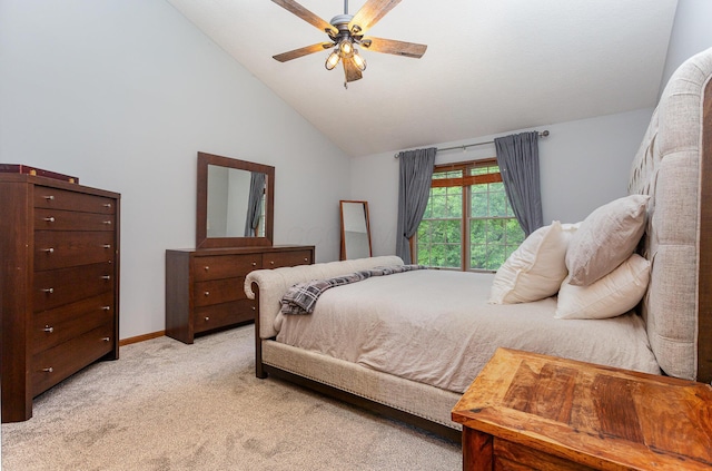 1315 Shelby Cir, Reynoldsburg, OH 43068 - bedroom with light colored carpet, high vaulted ceiling, and ceiling fan