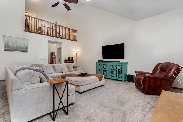 1315 Shelby Cir, Reynoldsburg, OH 43068 - living area featuring ceiling fan, carpet flooring, and high vaulted ceiling