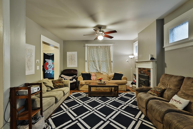 368 Alden Ave Unit 368, Columbus, OH 43201 - living area with ceiling fan and a brick fireplace