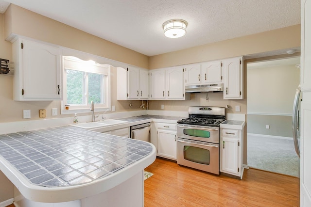 4071 Killary Dr, Dublin, OH 43016 - kitchen featuring appliances with stainless steel finishes, under cabinet range hood, tile countertops, a sink, and white cabinets