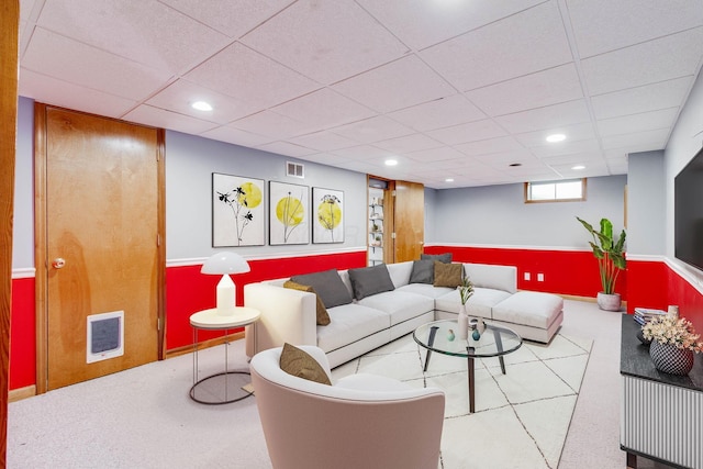 4071 Killary Dr, Dublin, OH 43016 - carpeted living room featuring a paneled ceiling, recessed lighting, heating unit, and baseboards
