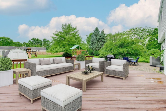 4071 Killary Dr, Dublin, OH 43016 - wooden terrace with an outdoor hangout area, a playground, and view of wooded area