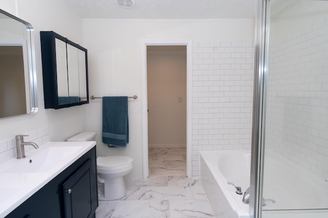 160 Cliff St, Buckeye Lake, OH 43008 - bathroom featuring marble look tiles, vanity, a textured ceiling, and washtub / shower combination