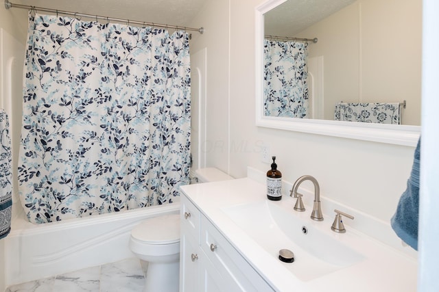 160 Cliff St, Buckeye Lake, OH 43008 - bathroom with shower / bath combo, marble look tiles, vanity, and a textured ceiling