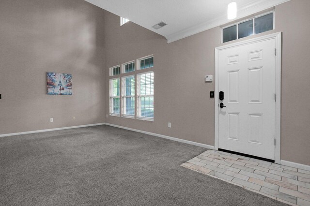 6221 Craughwell Ln, Dublin, OH 43017 - entrance foyer featuring carpet floors, ornamental molding, and baseboards