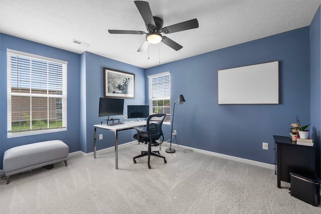3834 Brody Dr, Grove City, OH 43123 - home office featuring baseboards, carpet flooring, a ceiling fan, and a textured ceiling