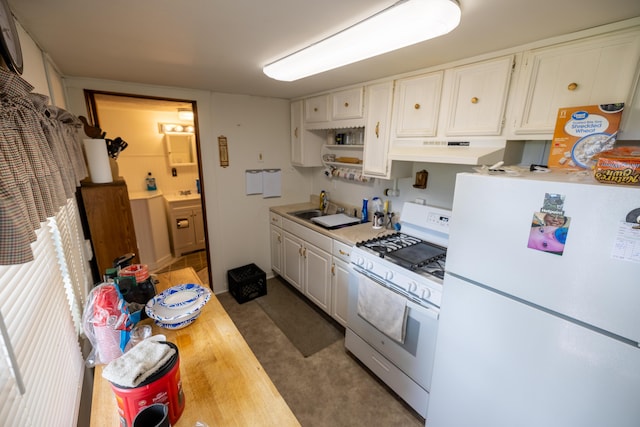 408 Olive St, Greenfield, OH 45123 - kitchen featuring white appliances, under cabinet range hood, white cabinetry, a sink, and open shelves