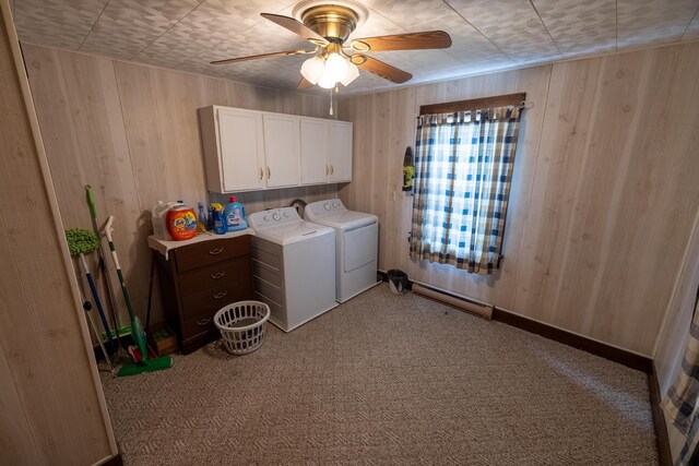 408 Olive St, Greenfield, OH 45123 - laundry area with cabinet space, separate washer and dryer, wood walls, ceiling fan, and carpet