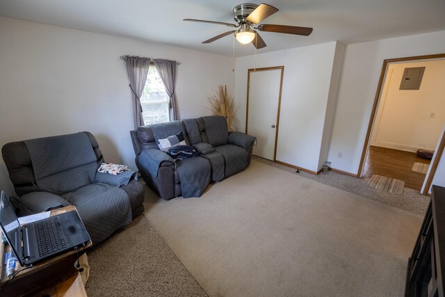 408 Olive St, Greenfield, OH 45123 - living room with carpet, ceiling fan, electric panel, and baseboards